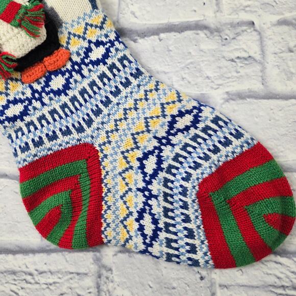 3D Knit Christmas Stocking Penguin Blue Fair Isle Mittens Pom Poms - Picture 5 of 13